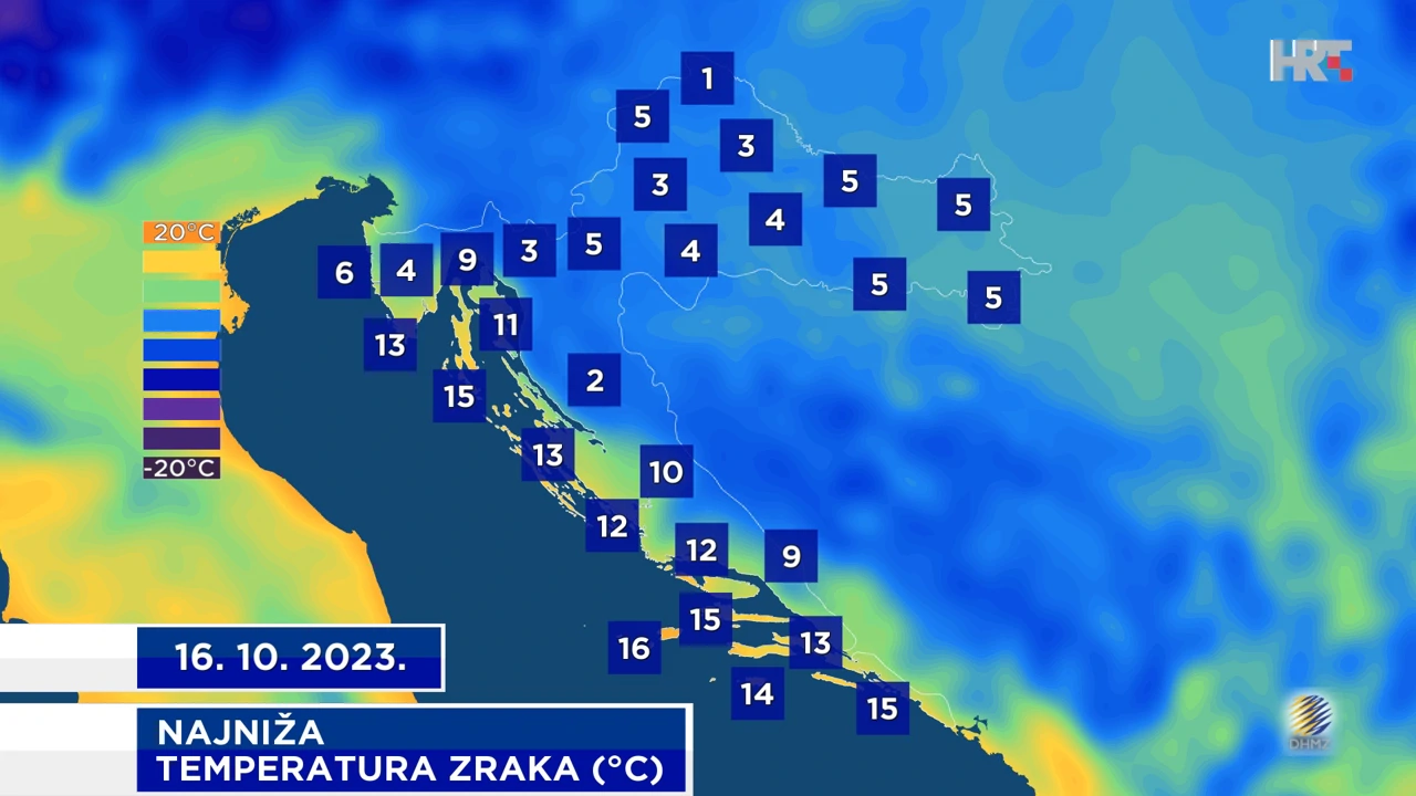 najniža temperatura zraka na 2 m visine na meteopostajama DHMZ-a