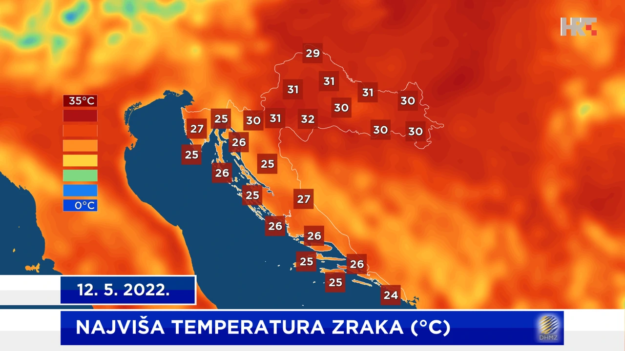 najviša dnevna temperatura zraka 12. 5. 2022. na postajama DHMZ-a, Foto: Vrijeme/HRT