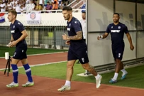 Zagrijavanje igrača; Dario Melnjak, Marko Livaja, Fahd Moufi, Foto: Matija Habljak/PIXSELL