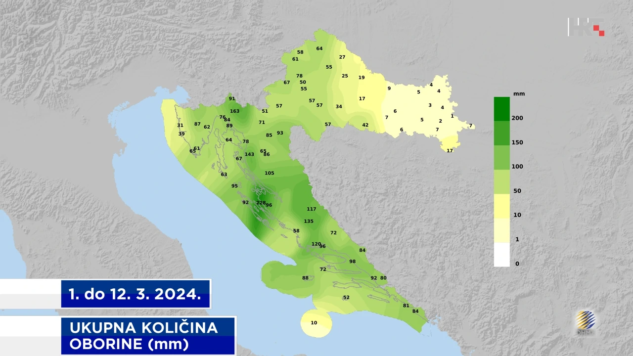 ukupna količina oborine od 1. do 12. 3. 2024. na meteopostajama DHMZ-a