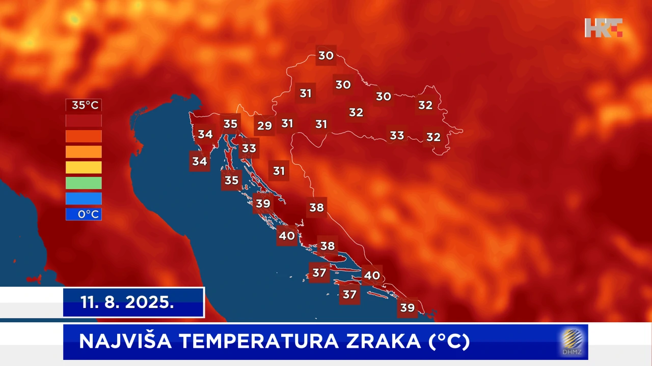 najviša dnevna temperatura zraka na meteorološkim postajama DHMZ-a na dan 11. 8. 2025.