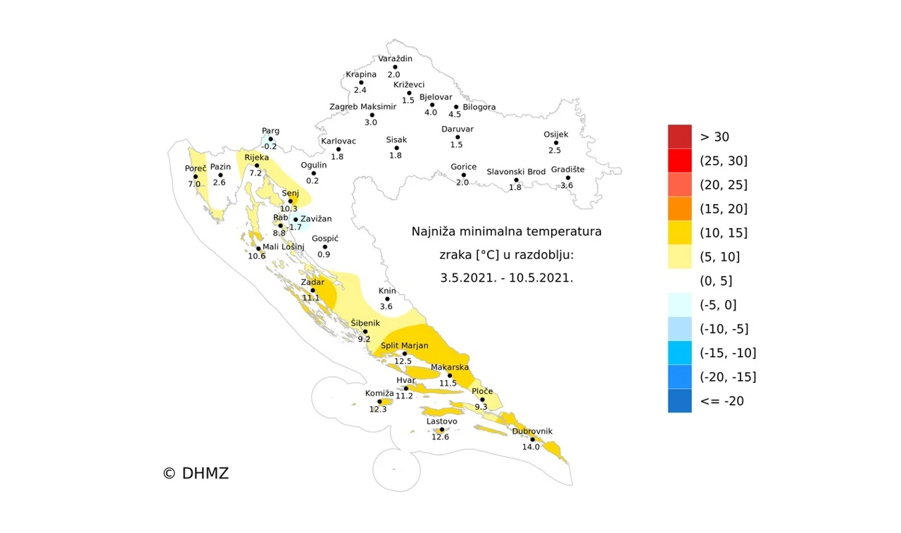 agrometeorološka karta najniže temperature zraka prošlog tjedna