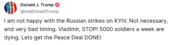 Trump o ruskim napadima na Kijev: 'Vladimire, stani!'