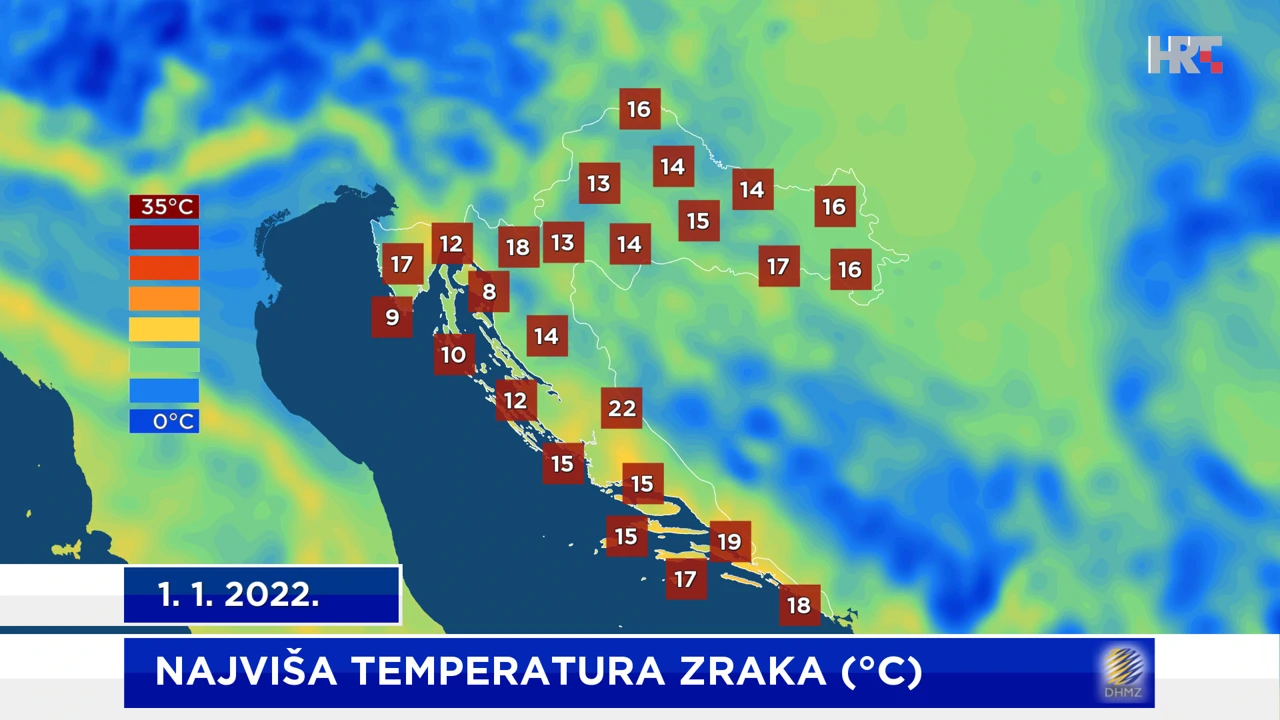 najviša dnevna temperatura zraka na meteopostajama DHMZ-a 1. 1. 2022., Foto: HTV/HRT