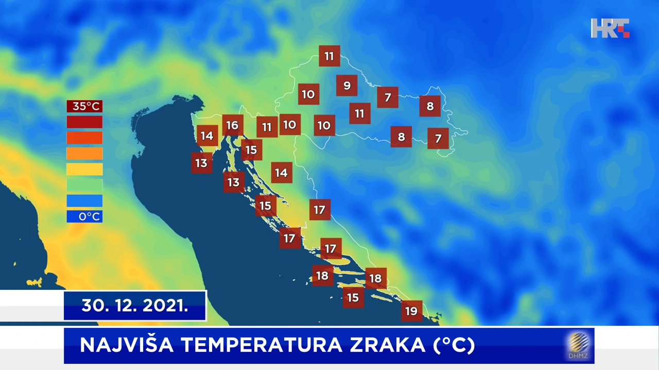 najviša dnevna temperatura zraka 30. 12. 2021. na meteopostajama DHMZ-a, Foto: DHMZ/HRT