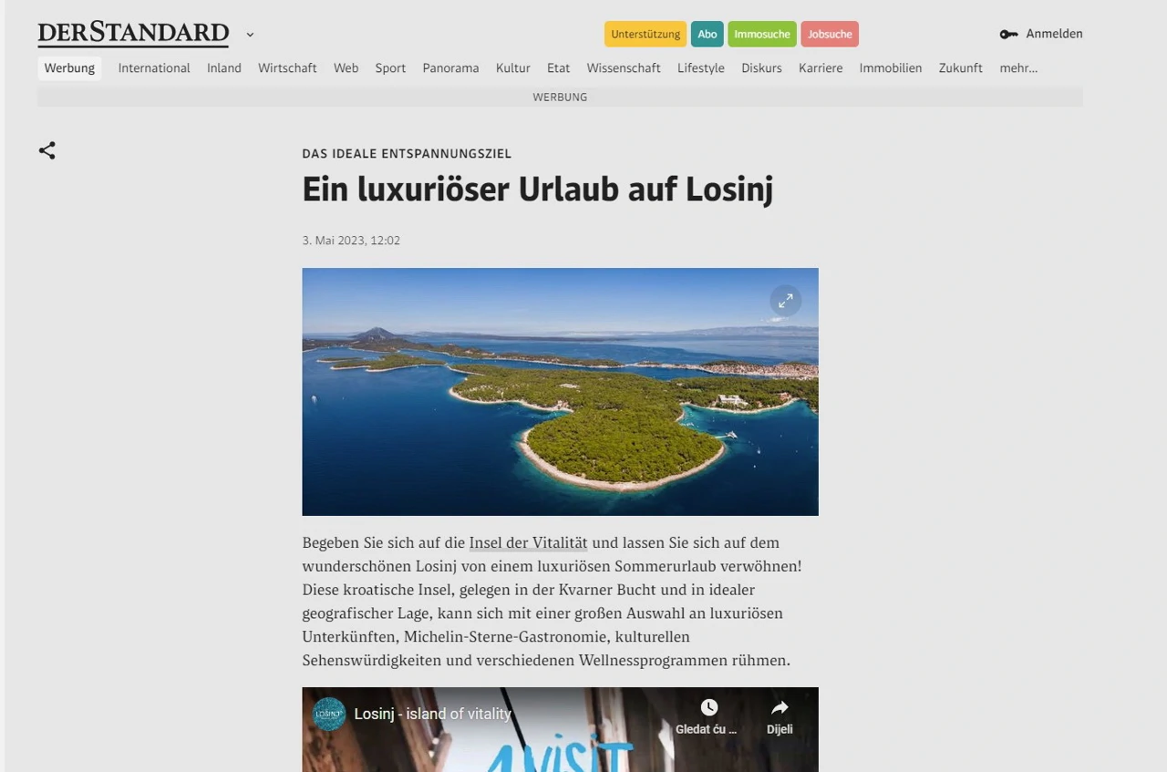 Promocija Lošinja, Der Standard, Foto: TZ Mali Lošinj/Radio Rijeka