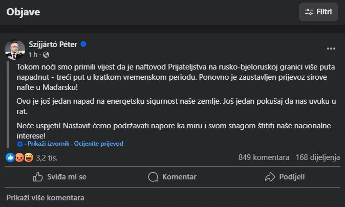 Objava šefa mađarske diplomacije Petera Szijjarta