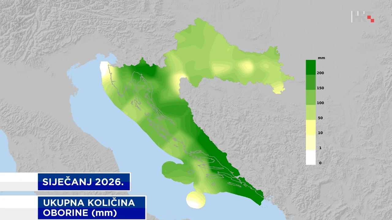 ukupna količina oborine u siječnju 2026., Foto: HTV/DHMZ/HRT