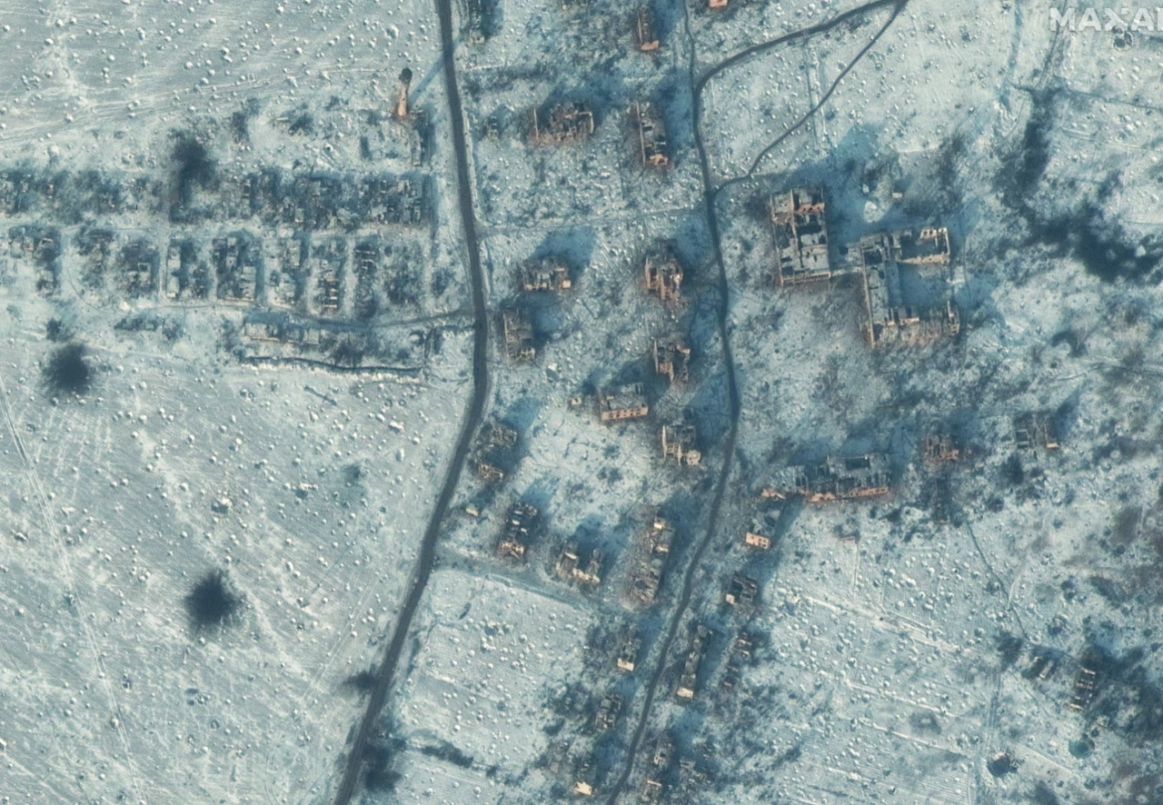 Pogled iz satelita na razorene zgrade u Soledaru  