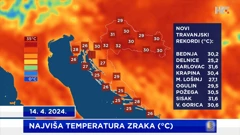 najviša temperatura zraka na meteopostajama DHMZ-a 14. 4. 2024.