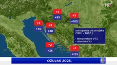 odstupanje od prosjeka srednje mjesečne temperature zraka i ukupne mjesečne količine oborine u ožujku 2025.