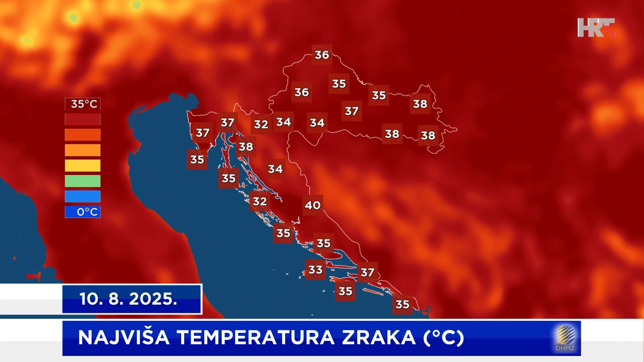 najviša dnevna temperatura zraka na meteorološkim postajama DHMZ-a na dan 10. 8. 2025.