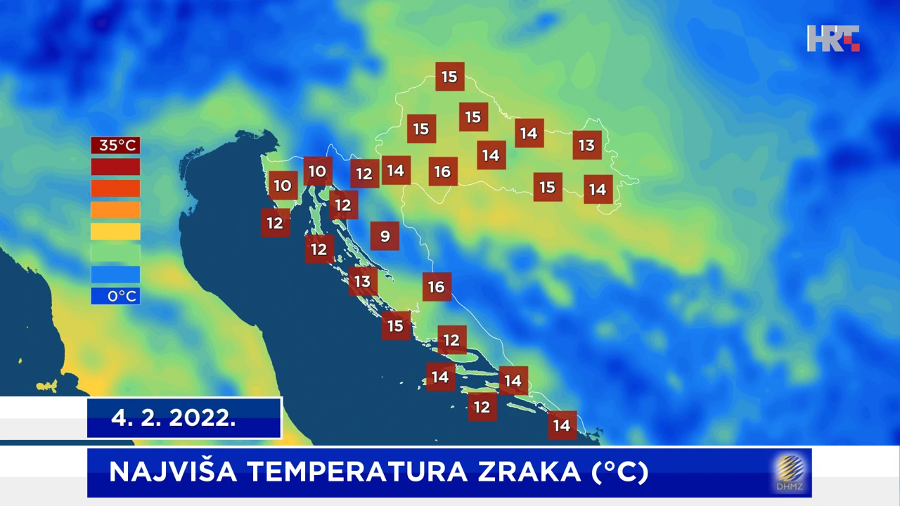 najviša dnevna temperatura zraka 4. 2. 2022. na meteopostajama DHMZ-a, Foto: DHMZ/HTV/HRT