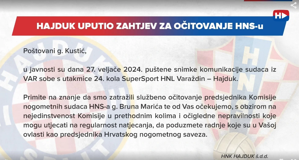 Zahtjev Hajduka prema predsjedniku HNS-a Marijanu Kustiću