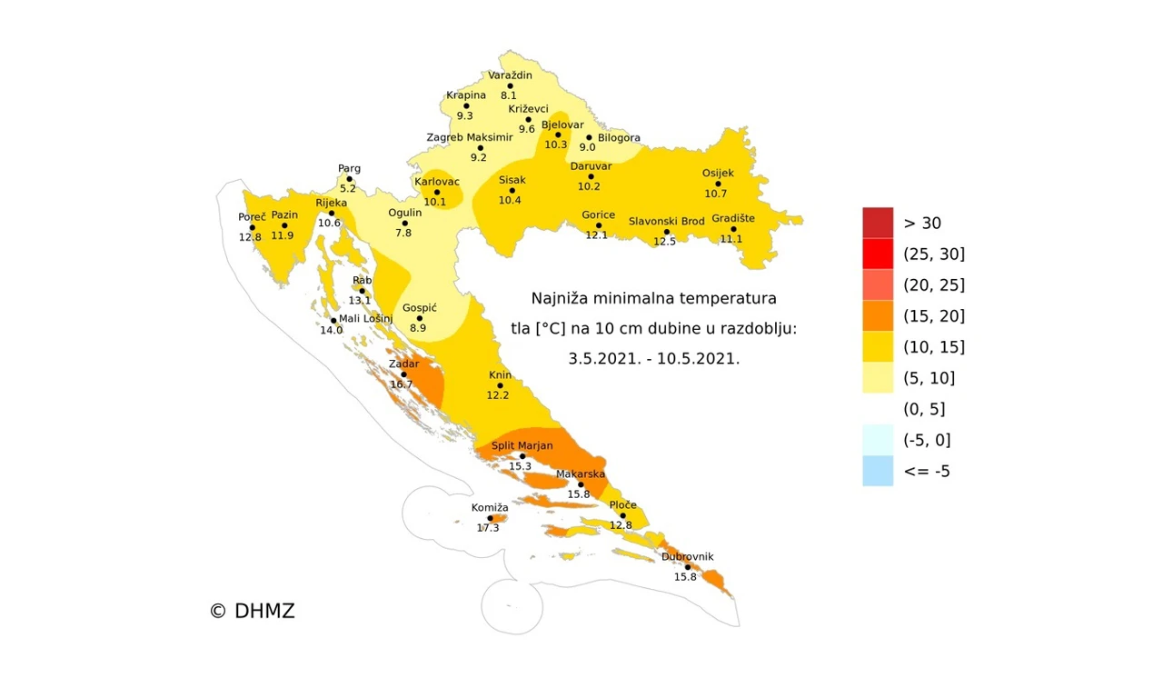 agrometeorološka karta najniže temperature tla na 10 cm dubine prošlog tjedna
