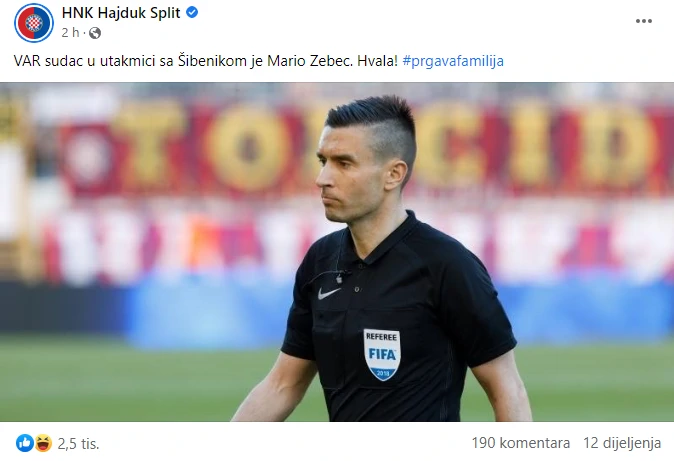 Objava na službenoj Facebook stranici Hajduka