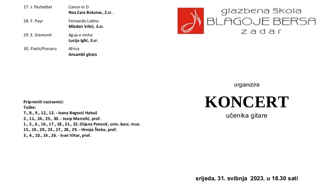Program koncerta učenika GŠ Blagoje Bersa, Foto: PR foto/-