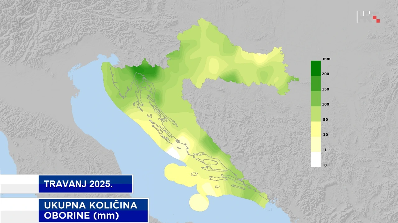 ukupna količina oborine na meteorološkim postajama DHMZ-a u travnju 2025.