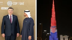 Premijer Plenković i predsjednik UAE-a Mohamed bin Zayed (lijevo), Burj Khalfia u hrvatskim bojama (desno)
