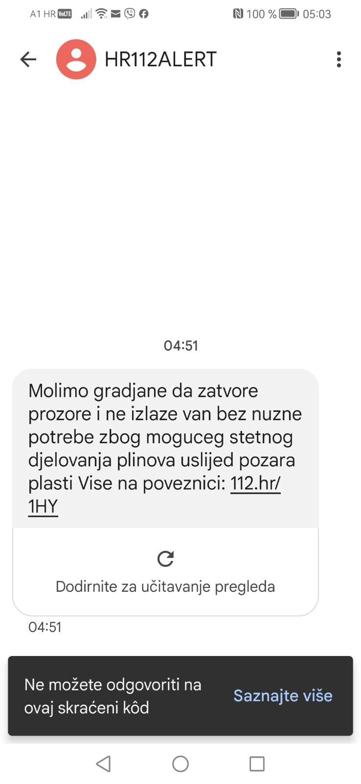 Obavijest koju je 112 poslao građanima