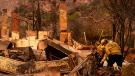 Vatrogasci pregledavaju ostatke kuće uništene u požaru u četvrti Pacific Palisades u Los Angelesu