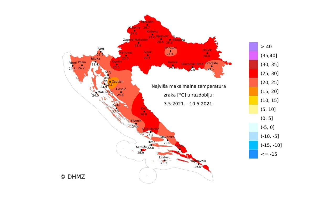 agrometeorološka karta najviše temperature zraka prošlog tjedna