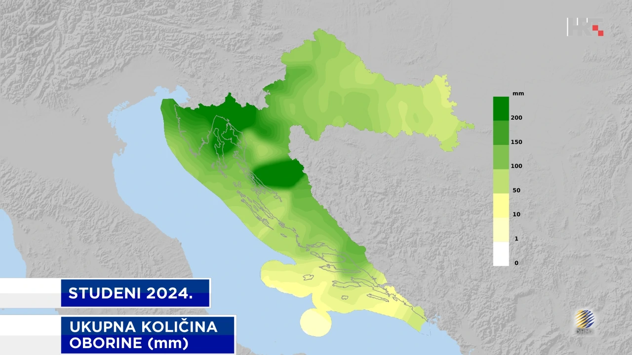 ukupna mjesečna količina oborine na meteorološkim postajama DHMU-a u studenom 2024.