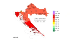 agrometeorološka karta ukupnog tjednog sijanja Sunca, Foto: DHMZ/HRT