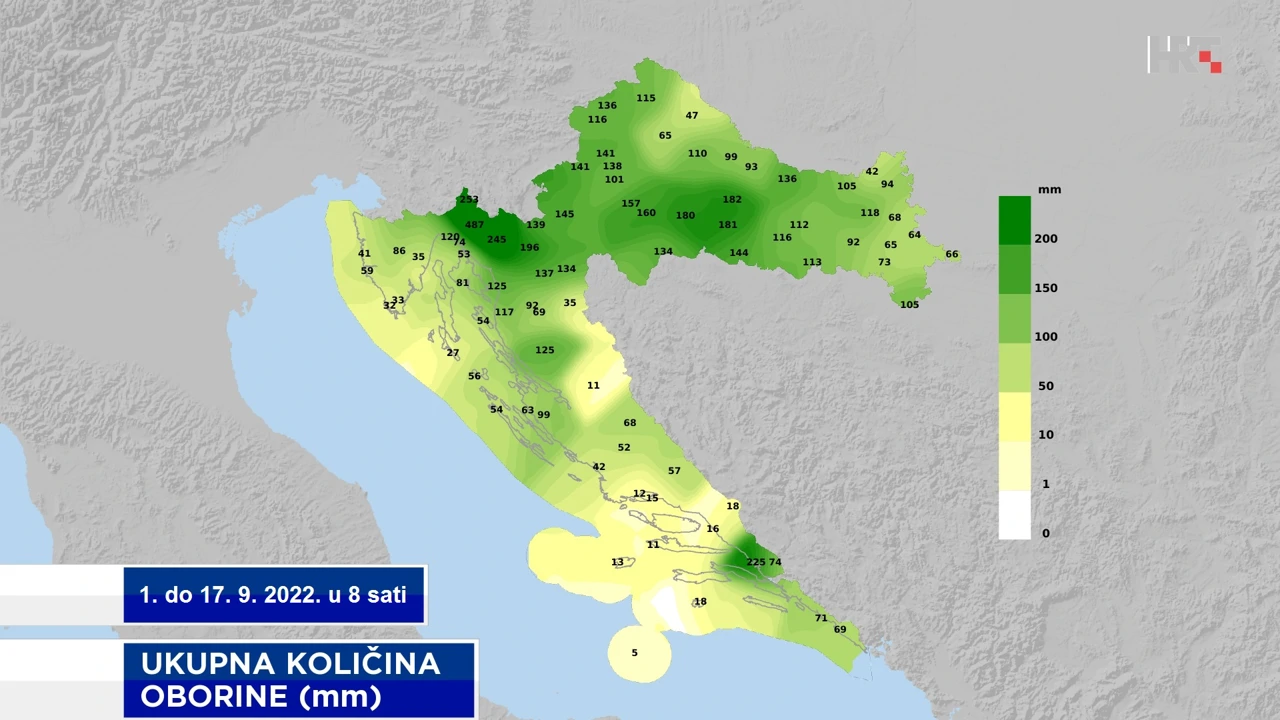 ukupna količina oborine od 1. do 17. 9. 2022. na meteopostajama DHMZ-a, Foto: DHMZ/HTV/HRT