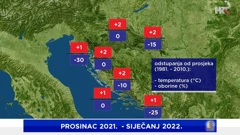 preliminarna analiza srednje temperature zraka i ukupne mjesečne količine oborine dosadašnje zime 2021/22., Foto: DHMZ/HTV/HRT