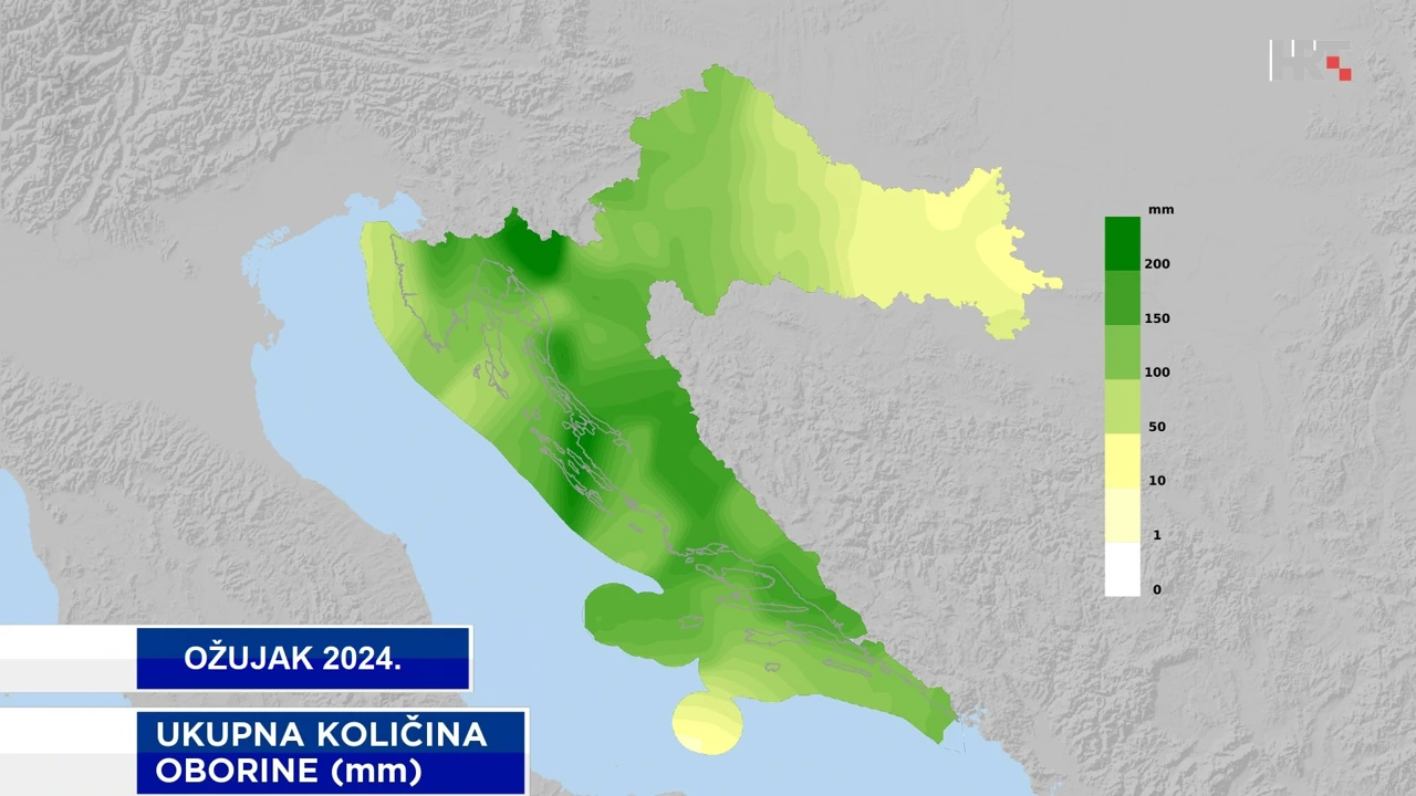 ukupna mjesečna količina oborine (mm) u ožujku 2024.