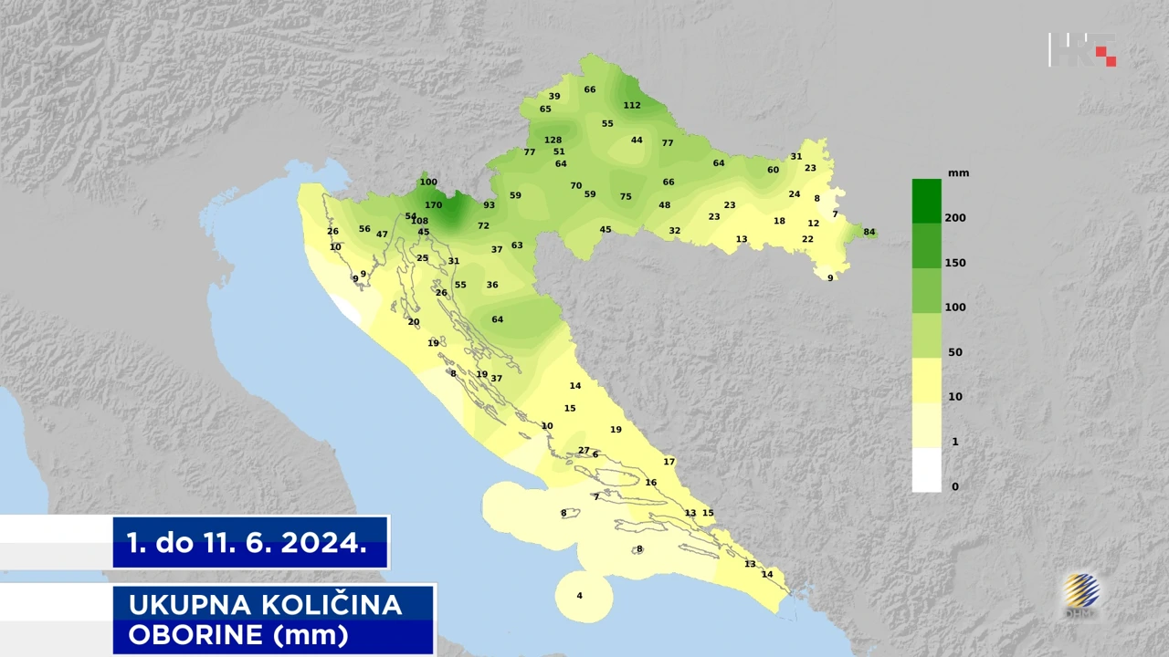 ukupna količina oborine od 1. do 11. 6. 2024. na meteopostajama DHMZ-a
