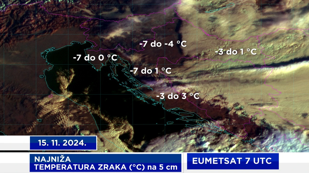 EUMETSAT satelitska slika oblaka u 7 sati UTC i najniža temperatura zraka na 5 cm iznad tla na meteopostajama DHMZ-a, Foto: HTV/HRT