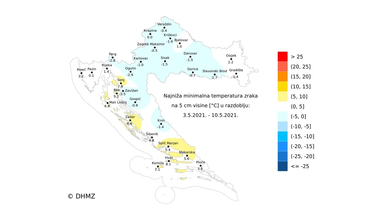 agrometeorološka karta najniže temperature zraka prošlog tjedna na 5 cm