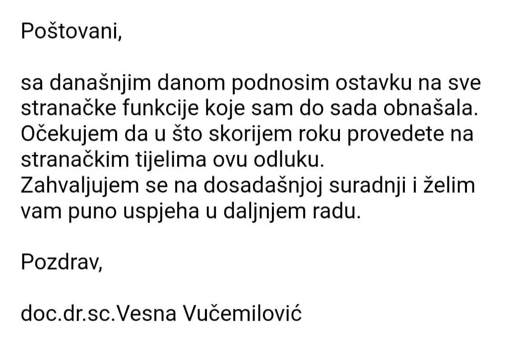 Ostavka Vesne Vučemilović