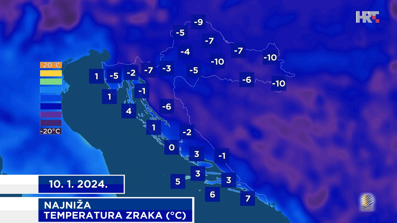 najniža temperatura zraka na 2 m visine u srijedu, 10. 1. 2024.