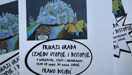 Naslovnica knjige "Prikazi grada između utopije i distopije u karikaturi, stripu i animiranom filmu od 1945. do 2020. godine"