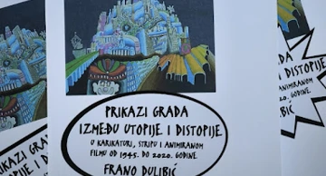 Naslovnica knjige "Prikazi grada između utopije i distopije u karikaturi, stripu i animiranom filmu od 1945. do 2020. godine"