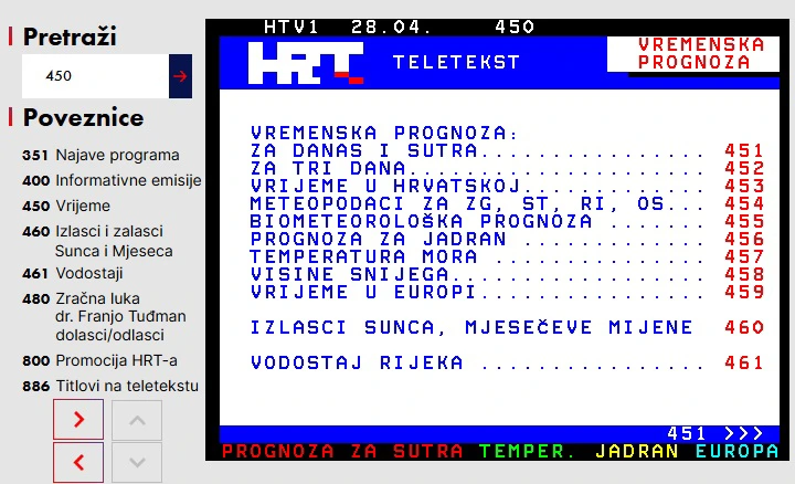 meteorološke stranice teleteksta HRT-a